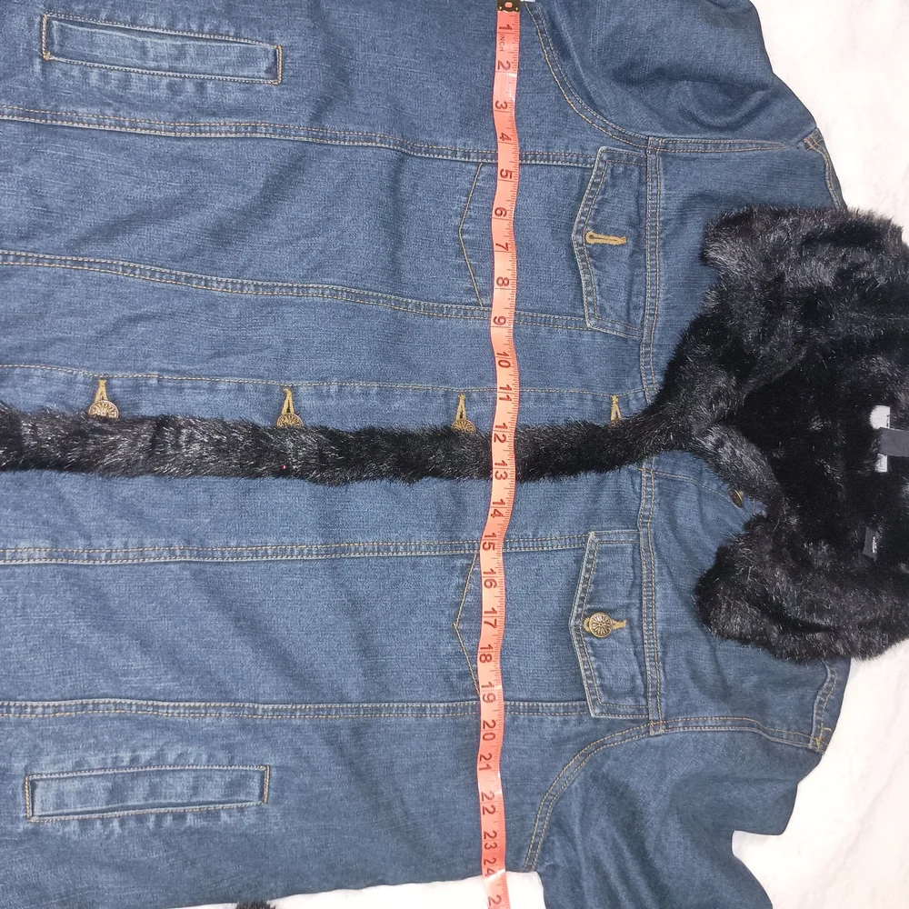 Dennis Basso Blue Denim Jacket with Black Faux Fur Trim - Picture 5 of 6